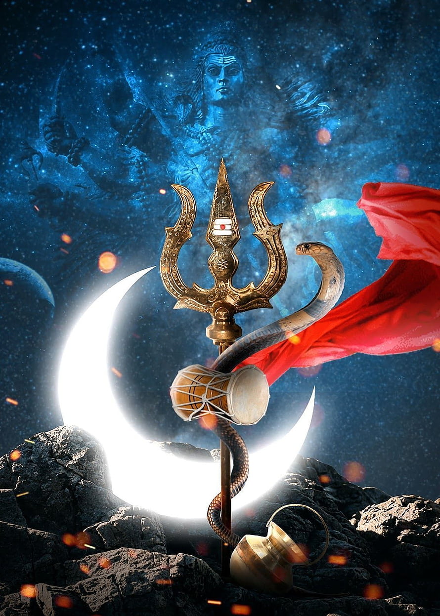Bhole Baba Trishul and Crescent Moon with Snake and Rudraksha on Rocky Terrain HD phone wallpaper