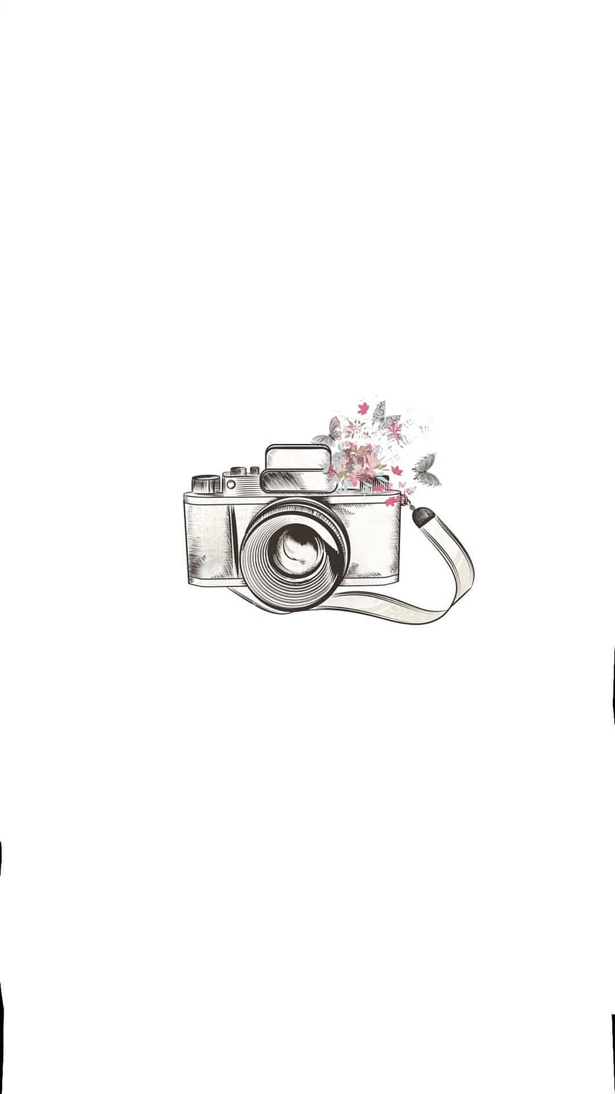 Vintage Camera Sketch with Floral and Butterfly Accents on White Background HD phone wallpaper