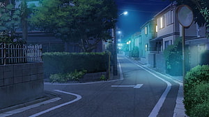 Quiet Japanese Residential Street at Night with Soft Streetlights and Lush Greenery HD wallpaper