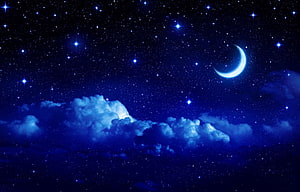 Crescent Moon and Starry Night Sky with Glowing Clouds HD wallpaper
