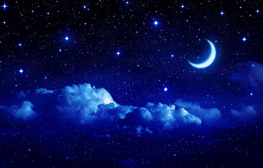 Crescent Moon and Starry Night Sky with Glowing Clouds HD wallpaper