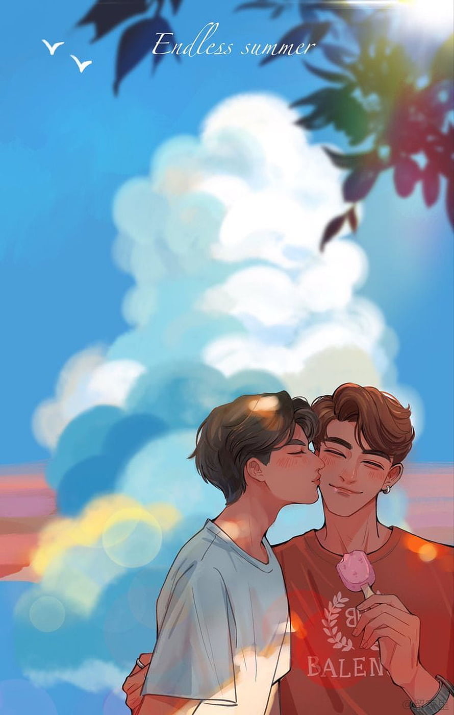 Endless Summer: Two Young Men Sharing a Kiss Under a Bright Blue Sky HD phone wallpaper