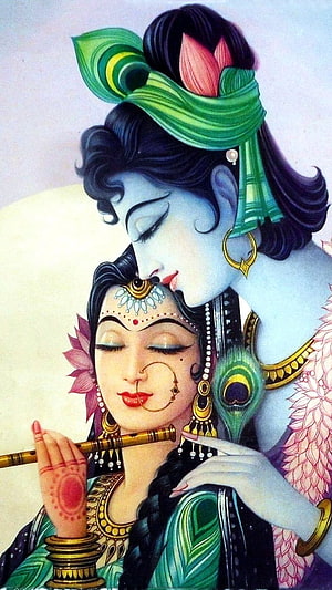 Radha Krishna Devotional Painting with Flute and Lotus HD phone wallpaper