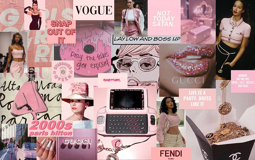 2000s Paris Hilton Aesthetic Collage with Pink Tech and Fashion HD wallpaper