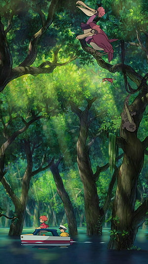 Ponyo on the Cliff by the Sea: Animated Forest River Scene with Pelicans and Boat HD phone wallpaper