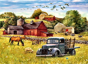 Rustic Farm Scene with Vintage Truck, Red Barns, and Grazing Horses in a Pastoral Landscape HD wallpaper