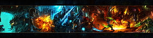 Epic Fantasy Battle Scene with Armored Warriors and Fiery Demons in Dark Landscape HD wallpaper