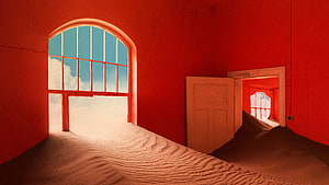 Tame Impala The Slow Rush Album Art Surreal Red Room with Sand and Sky Windows HD wallpaper