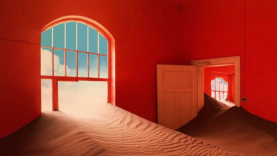 Tame Impala The Slow Rush Album Art Surreal Red Room with Sand and Sky Windows HD wallpaper