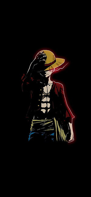 Dark Luffy Anime Character in Straw Hat and Red Coat with Neon Glow on Black Background HD phone wallpaper