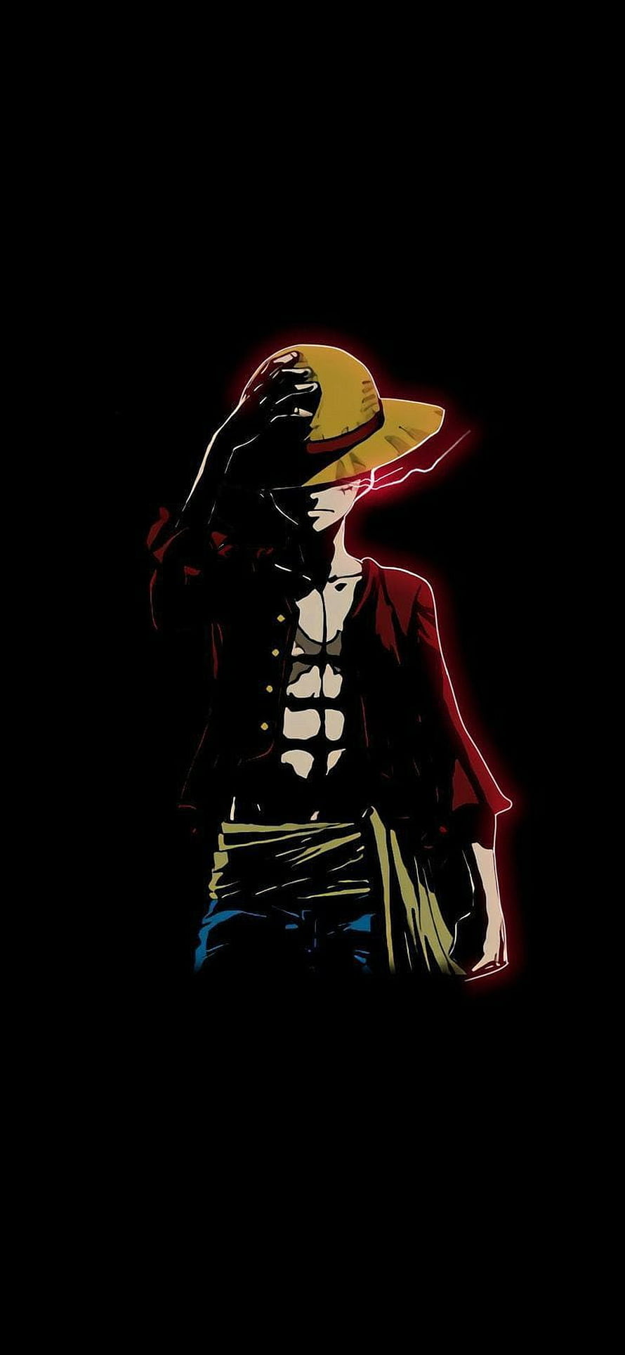 Dark Luffy Anime Character in Straw Hat and Red Coat with Neon Glow on Black Background HD phone wallpaper