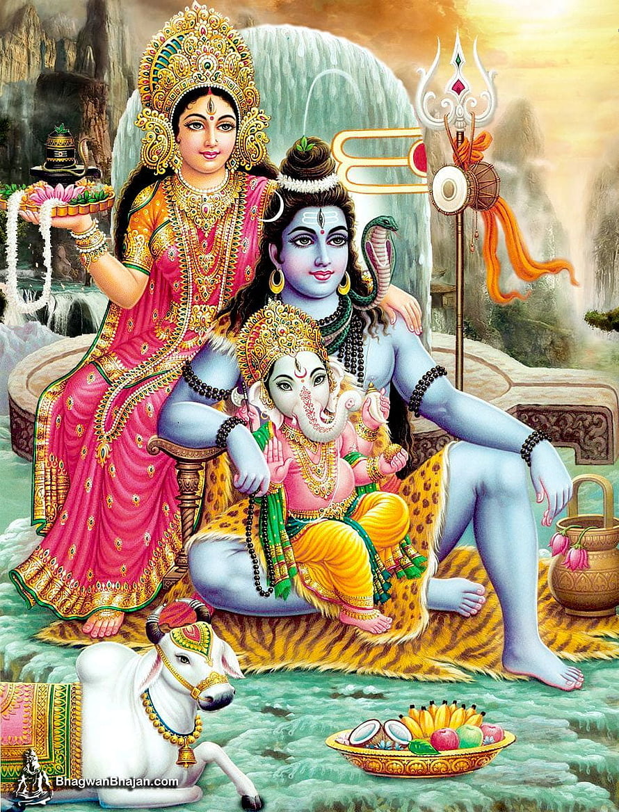 Lord Shiva, Goddess Parvati, and Ganesha Family Portrait with Nandi Bull HD phone wallpaper