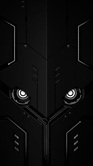 Dark Futuristic Robot Face with Glowing Eyes on Black Metallic Armor HD phone wallpaper