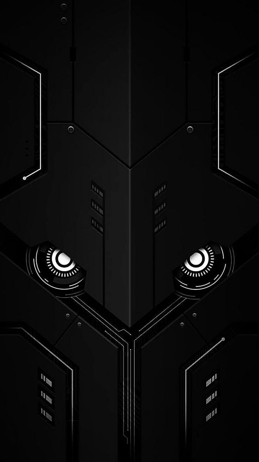 Dark Futuristic Robot Face with Glowing Eyes on Black Metallic Armor HD phone wallpaper