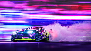 Neon-lit sports car drifting through smoke with vibrant purple and pink light trails HD wallpaper