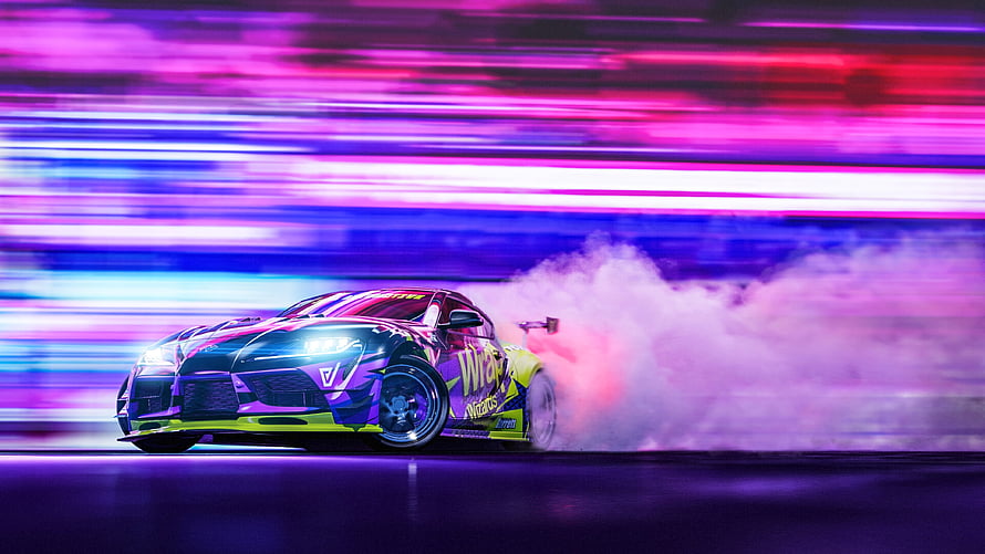 Neon-lit sports car drifting through smoke with vibrant purple and pink light trails HD wallpaper
