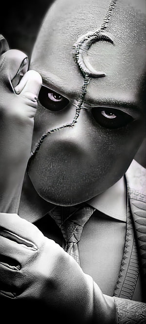 Moon Knight Close-Up Portrait with Stitched Face and Intense Stare in Black and White HD phone wallpaper