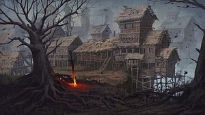 Dark Souls Concept Art: Gloomy Medieval Village with Glowing Sword in Misty Fog HD wallpaper