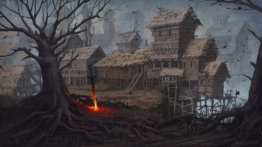 Dark Souls Concept Art: Gloomy Medieval Village with Glowing Sword in Misty Fog HD wallpaper