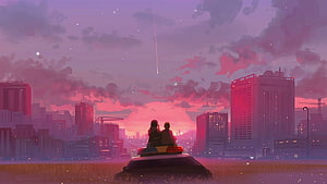 Lofi Couple Watching a Shooting Star Over a Neon City Skyline at Dusk HD wallpaper
