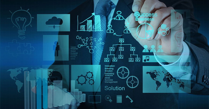 Business Strategy and Digital Management Concept with Data Analytics Icons HD wallpaper