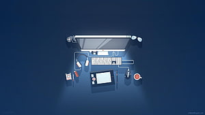 Minimalist Developer Workspace Illustration with Computer, Keyboard, and Tablet on Dark Blue Background HD wallpaper