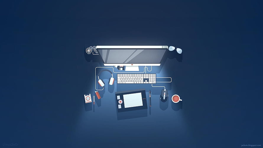 Minimalist Developer Workspace Illustration with Computer, Keyboard, and Tablet on Dark Blue Background HD wallpaper