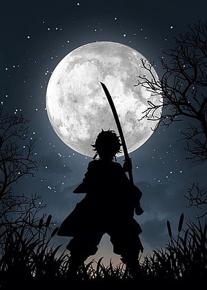 Tanjiro Kamado Silhouette Holding Katana Under Full Moon in Demon Slayer HD phone wallpaper