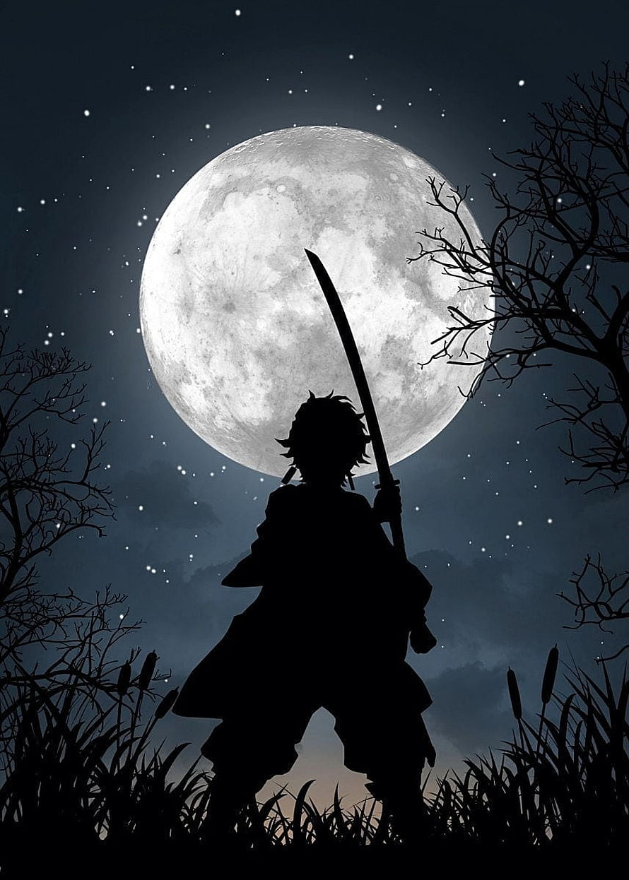 Tanjiro Kamado Silhouette Holding Katana Under Full Moon in Demon Slayer HD phone wallpaper
