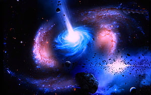Vibrant Cosmic Nebula with Swirling Blue Core and Scattered Asteroids in Deep Space HD wallpaper