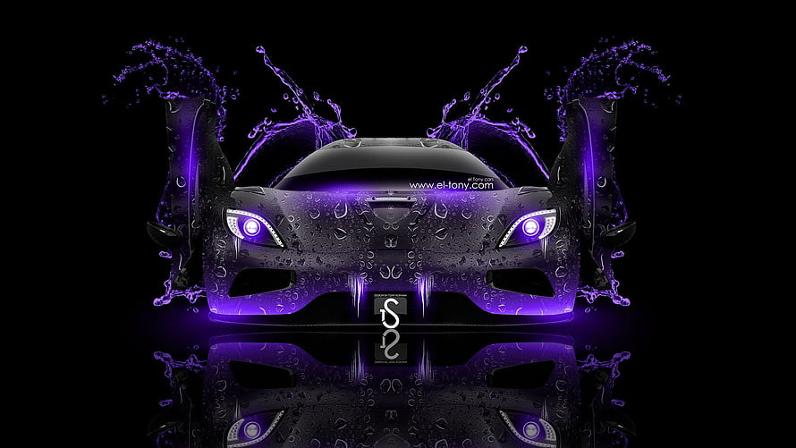 Koenigsegg Agera R Front View with Purple Water Splash and Neon Glow HD wallpaper