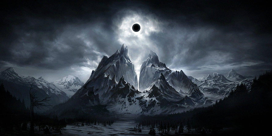 Eclipse Over Snow-Capped Peaks in a Dark Fantasy Landscape HD wallpaper