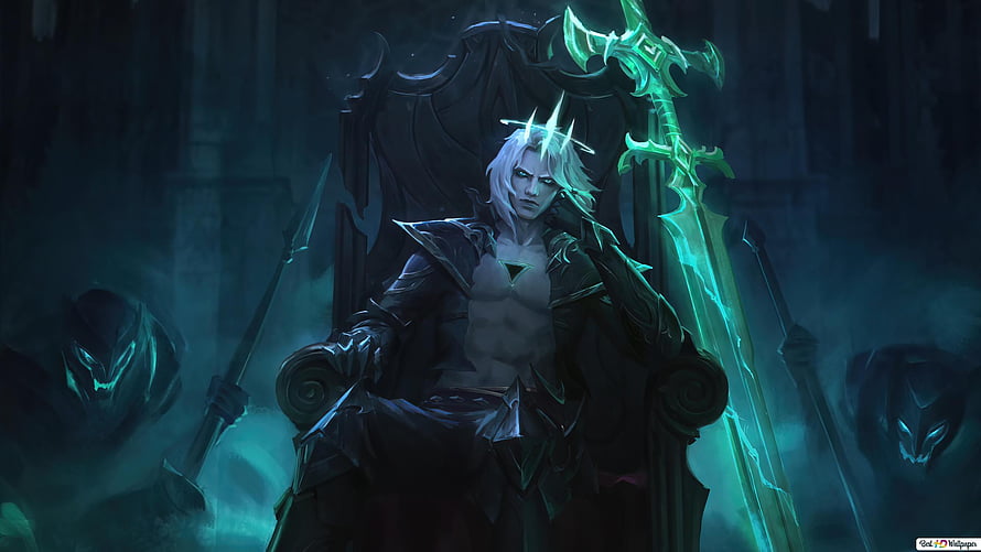 Viego The Ruined King from League of Legends Seated on Throne with Glowing Sword HD wallpaper