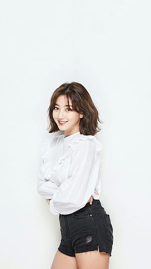 Park Jihyo in White Ruffled Blouse and Black Denim Shorts HD phone wallpaper