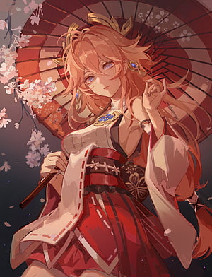 Yae Miko in Red Kimono Holding a Traditional Umbrella Amid Cherry Blossoms HD phone wallpaper