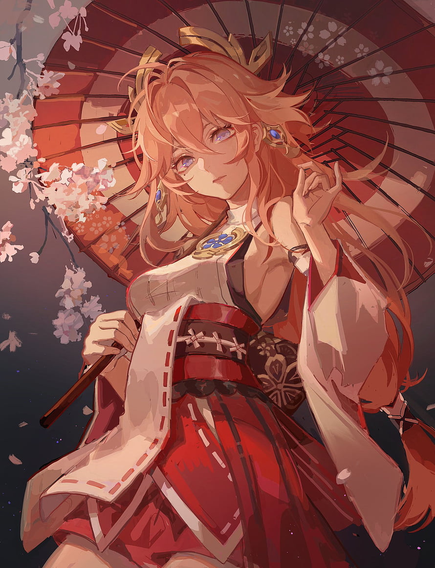 Yae Miko in Red Kimono Holding a Traditional Umbrella Amid Cherry Blossoms HD phone wallpaper