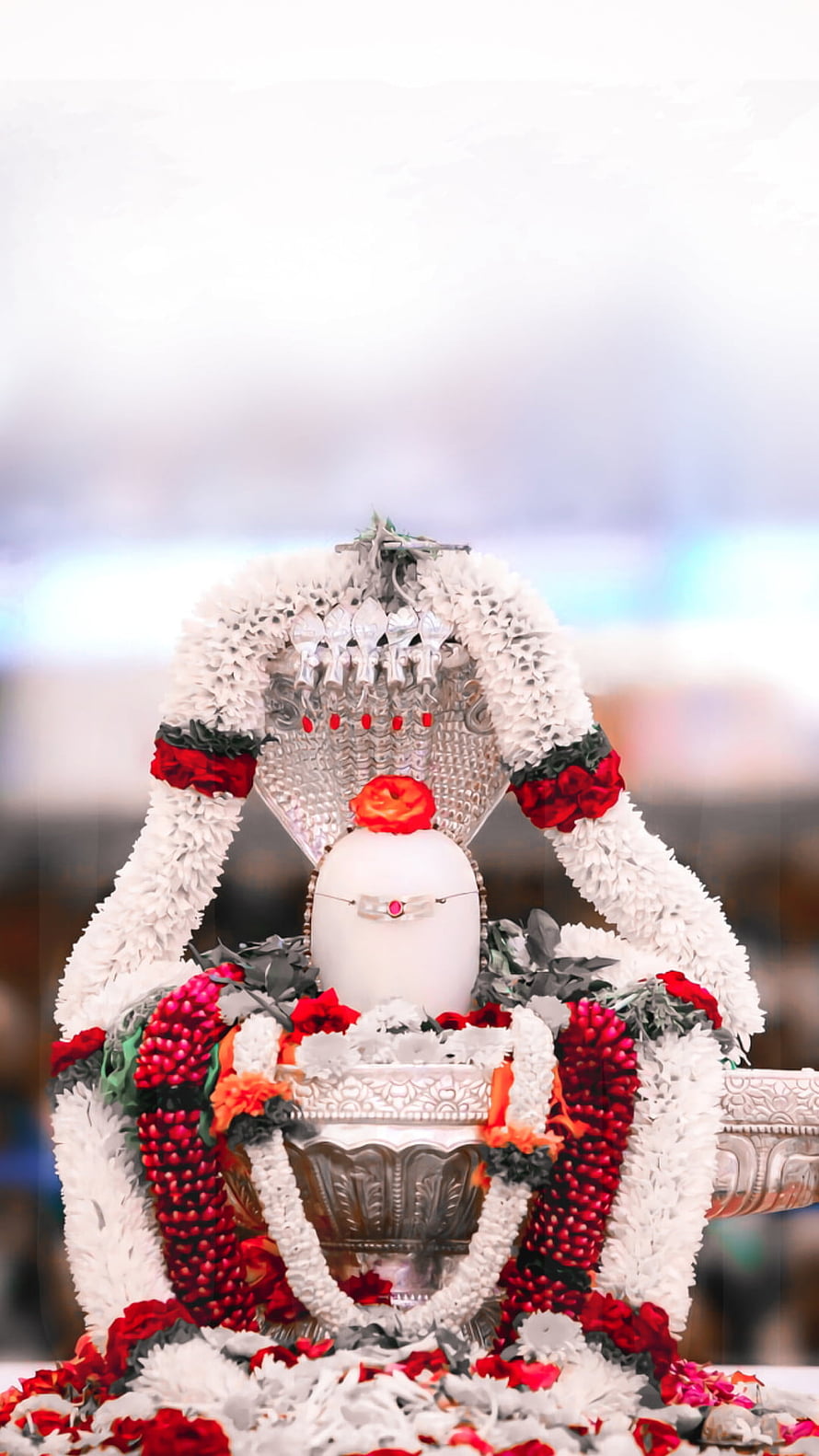 Ornate Shivling adorned with white and red flower garlands in a silver pedestal HD phone wallpaper
