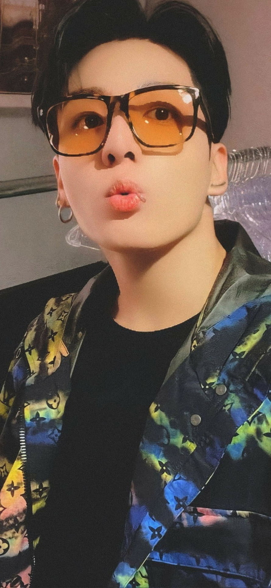 Jungkook from BTS Wearing Orange Tinted Glasses and Colorful Patterned Jacket HD phone wallpaper