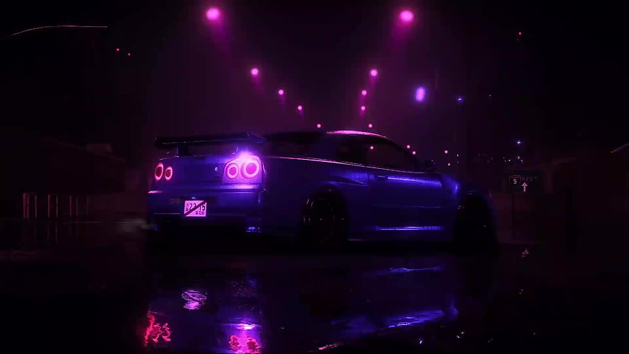 Nissan Skyline GT-R R34 in Neon Purple Night Scene with Wet Street Reflections HD wallpaper