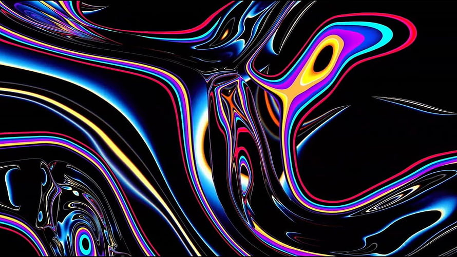 Vibrant Liquid Metal Abstract Art with Neon Rainbow Swirls on Black Background HD wallpaper