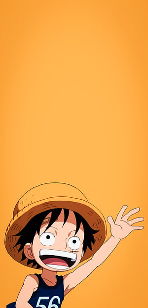Young Luffy Waving with a Straw Hat on a Solid Orange Background HD phone wallpaper