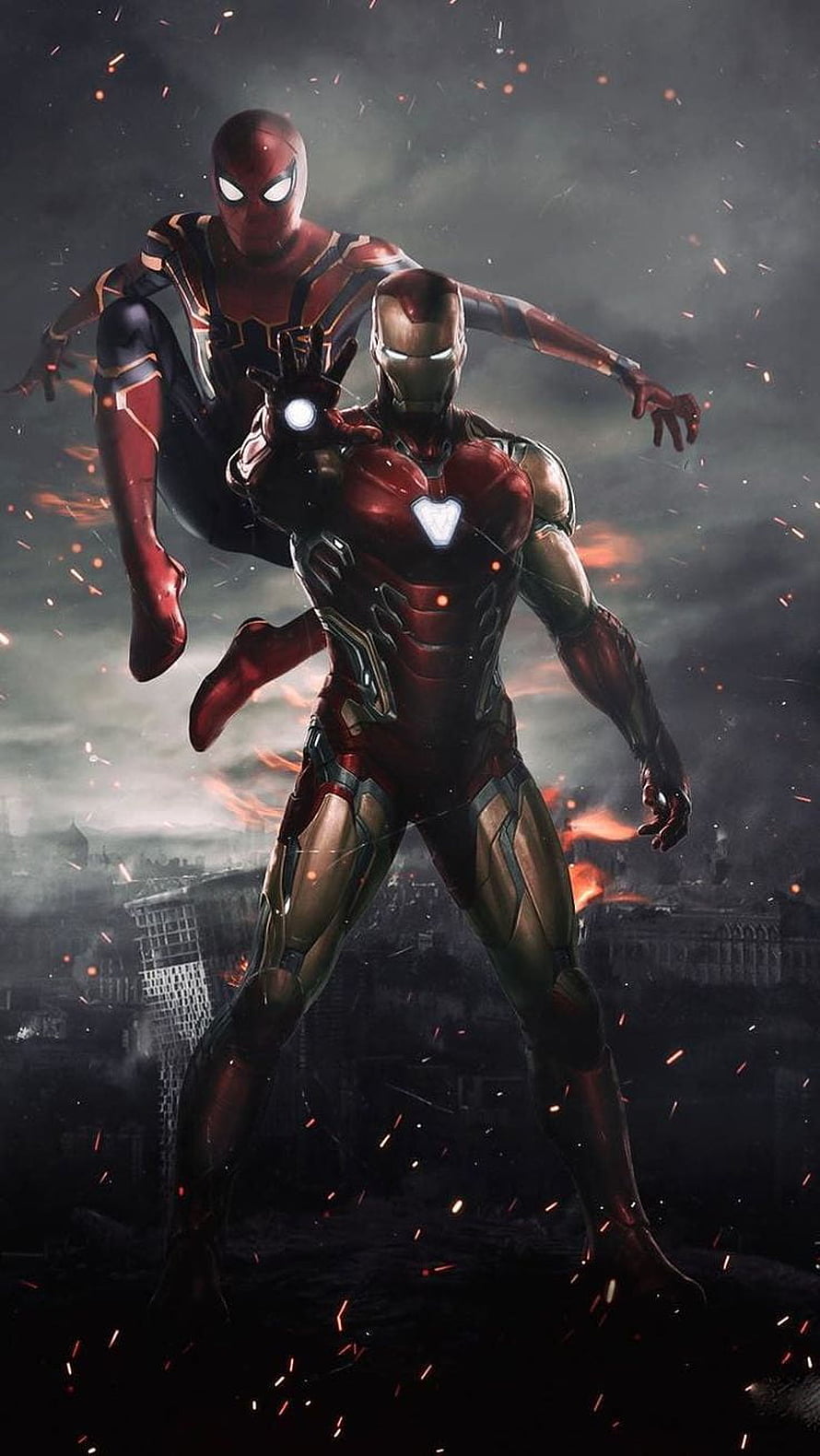 Iron Man and Spider-Man in Dramatic Battle Pose Amidst Burning City Ruins HD phone wallpaper
