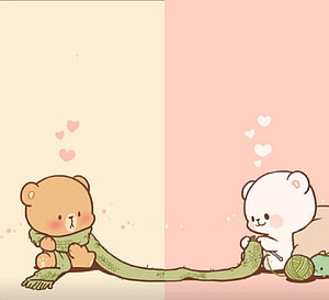 Cute Bear Couple Knitting Green Scarf Together in Soft Pastel Illustration HD wallpaper