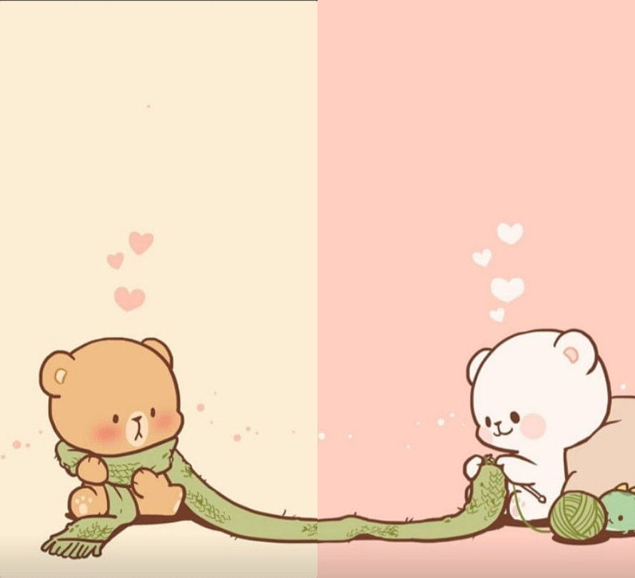 Cute Bear Couple Knitting Green Scarf Together in Soft Pastel Illustration HD wallpaper
