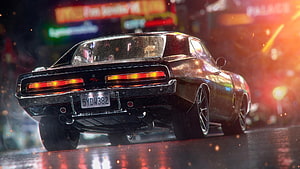Rear View of a Classic Dodge Challenger Muscle Car on a Rainy Night Street with Neon Lights HD wallpaper