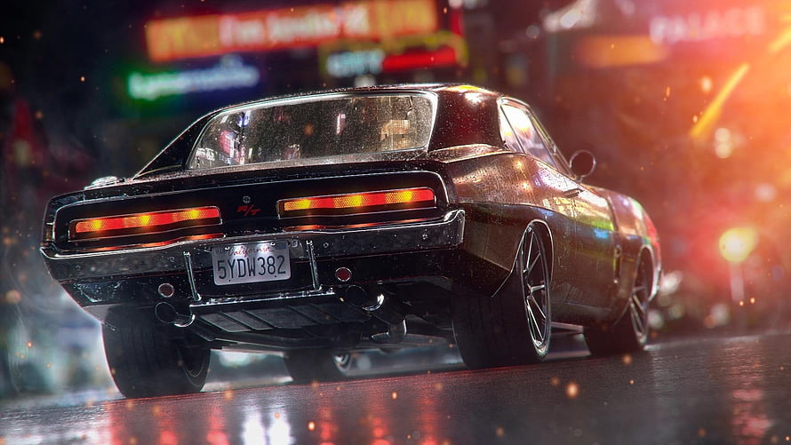 Rear View of a Classic Dodge Challenger Muscle Car on a Rainy Night Street with Neon Lights HD wallpaper