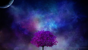Vibrant Purple Tree Silhouette Against a Colorful Cosmic Nebula and Starry Night Sky HD wallpaper
