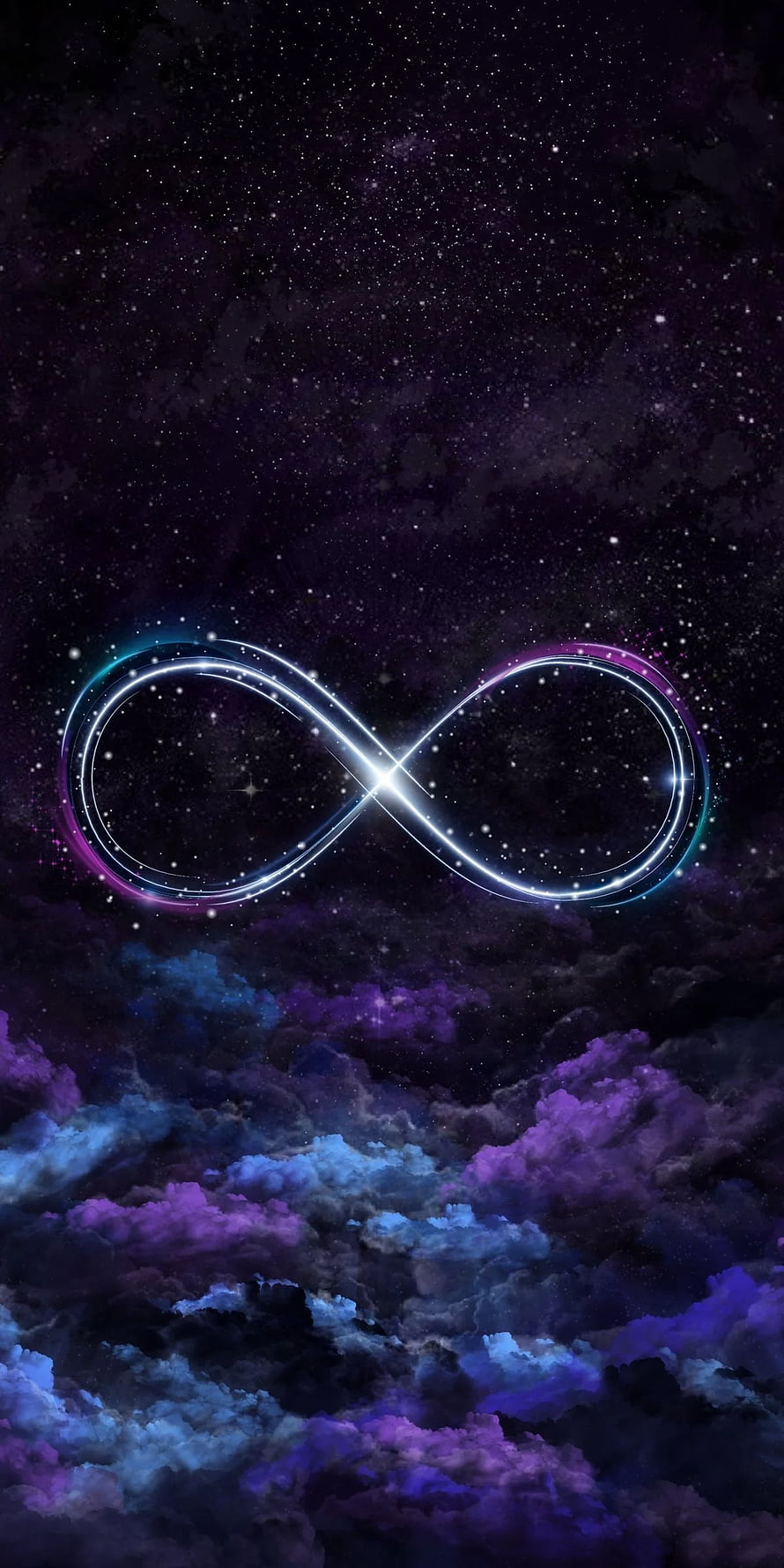 Glowing Infinity Symbol Over Cosmic Nebula and Starry Night Sky HD phone wallpaper