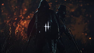 Hunt Showdown Silhouetted Hunters in Fiery Night Ambush HD wallpaper