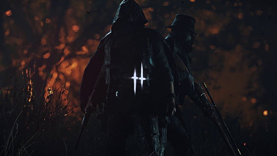Hunt Showdown Silhouetted Hunters in Fiery Night Ambush HD wallpaper